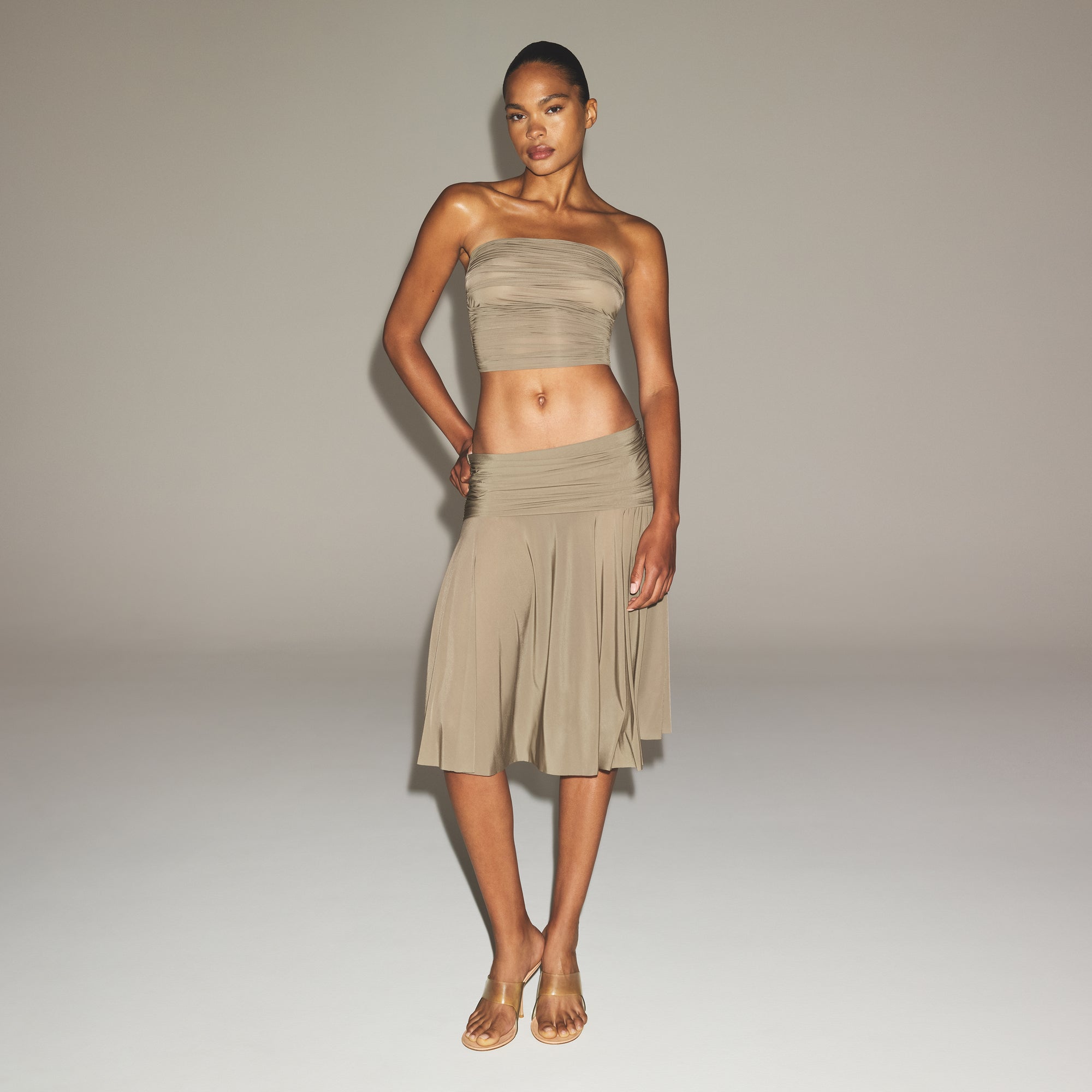 MILKY SHEER MIDI SKIRT | TRUFFLE