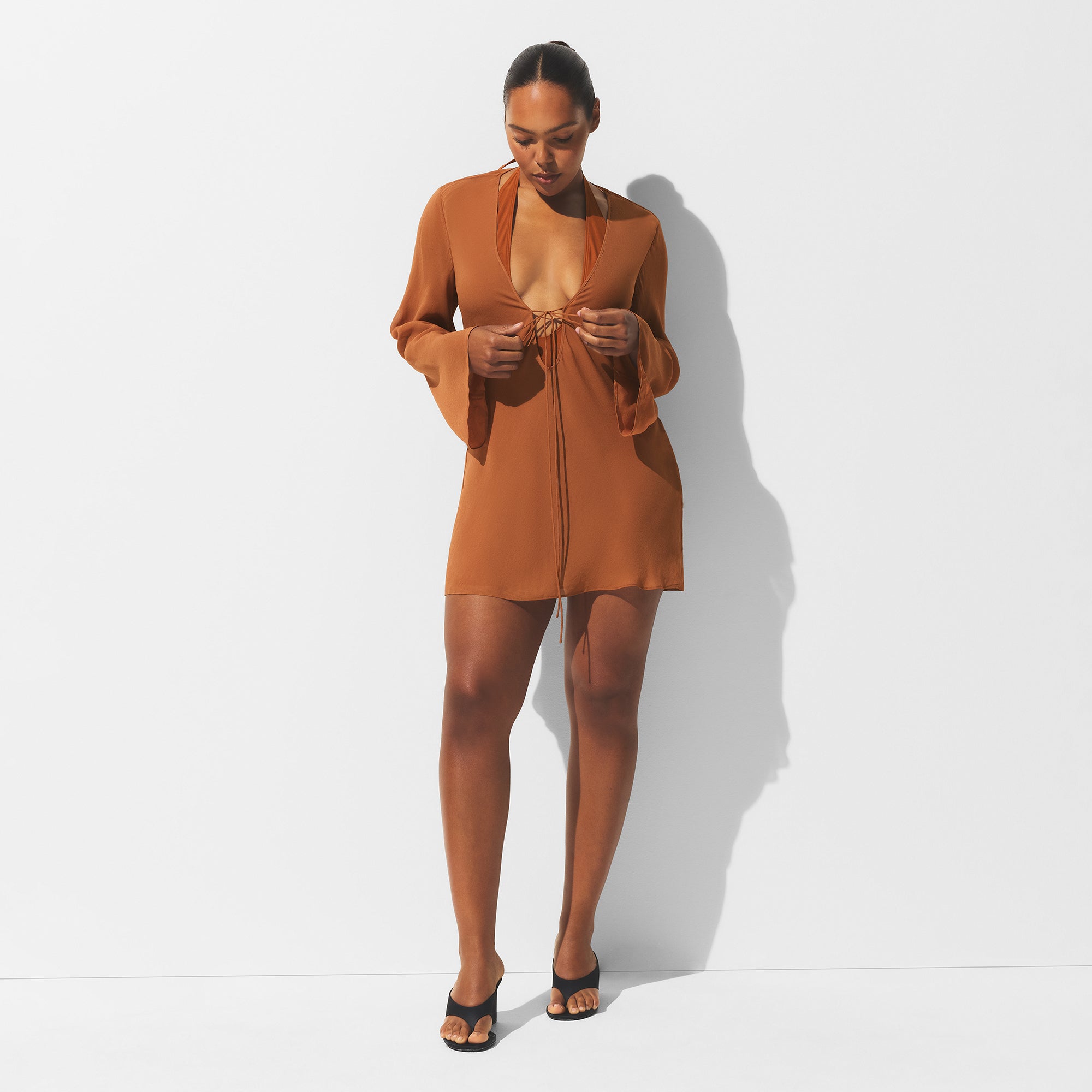 SHEER COVER-UPS LONG SLEEVE MINI DRESS | CHESTNUT