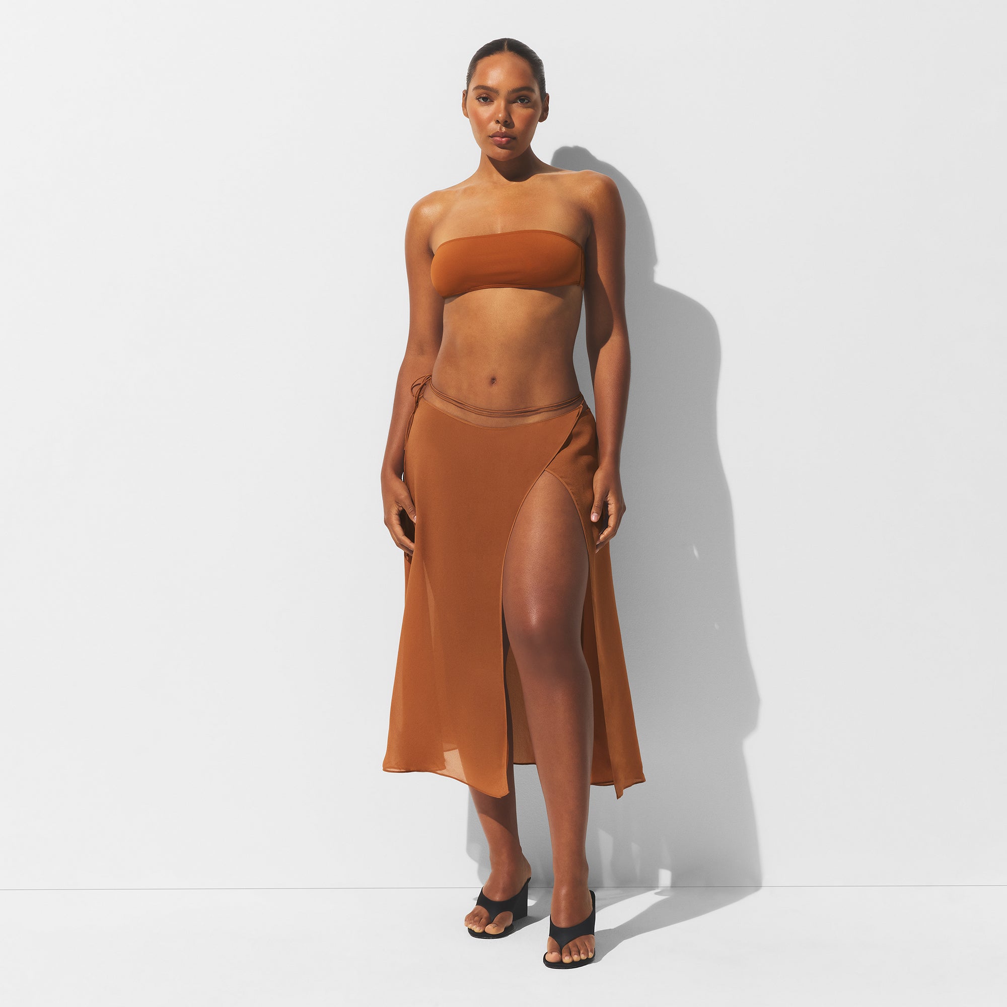 SHEER COVER-UPS TIE SIDE MIDI SKIRT | CHESTNUT