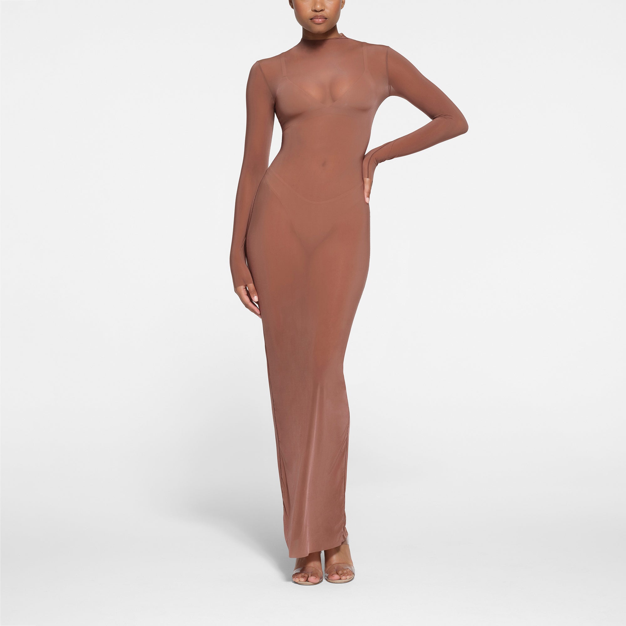 MILKY SHEER MOCK NECK LONG SLEEVE LONG DRESS | BRANDY