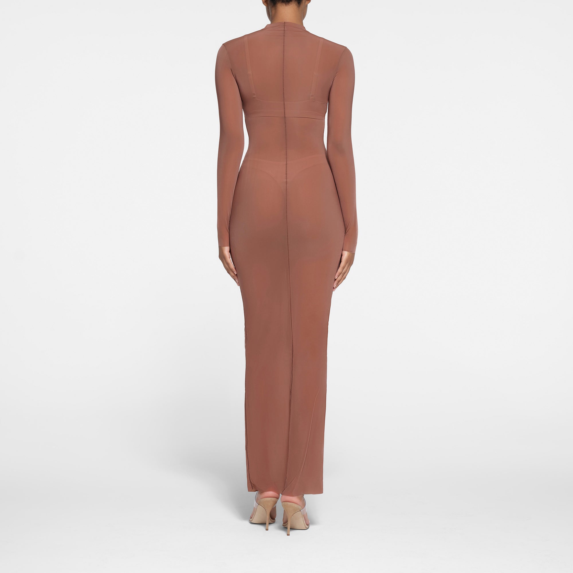 MILKY SHEER MOCK NECK LONG SLEEVE LONG DRESS | BRANDY - Image 3