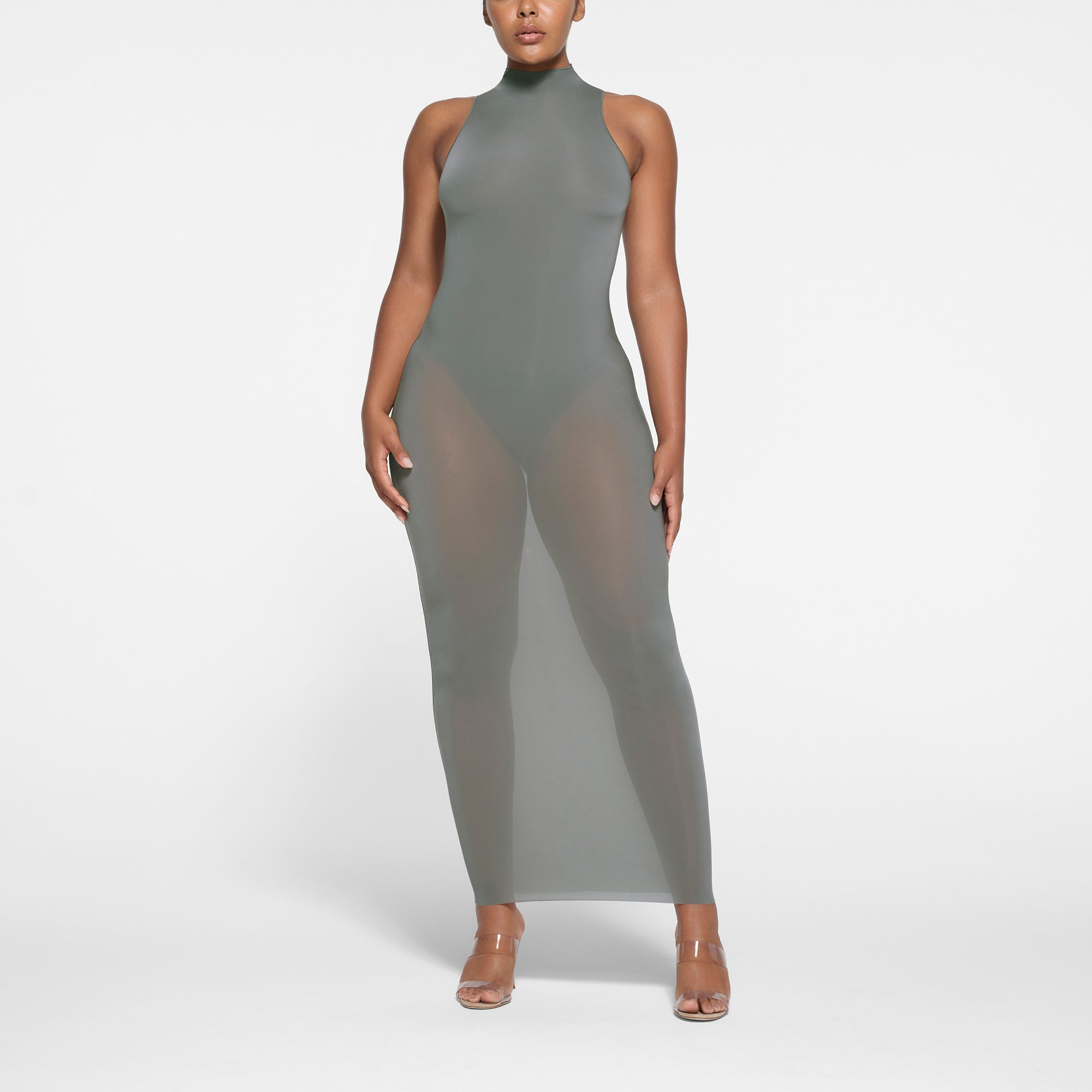 MILKY SHEER MOCK NECK LONG DRESS | GUNMETAL