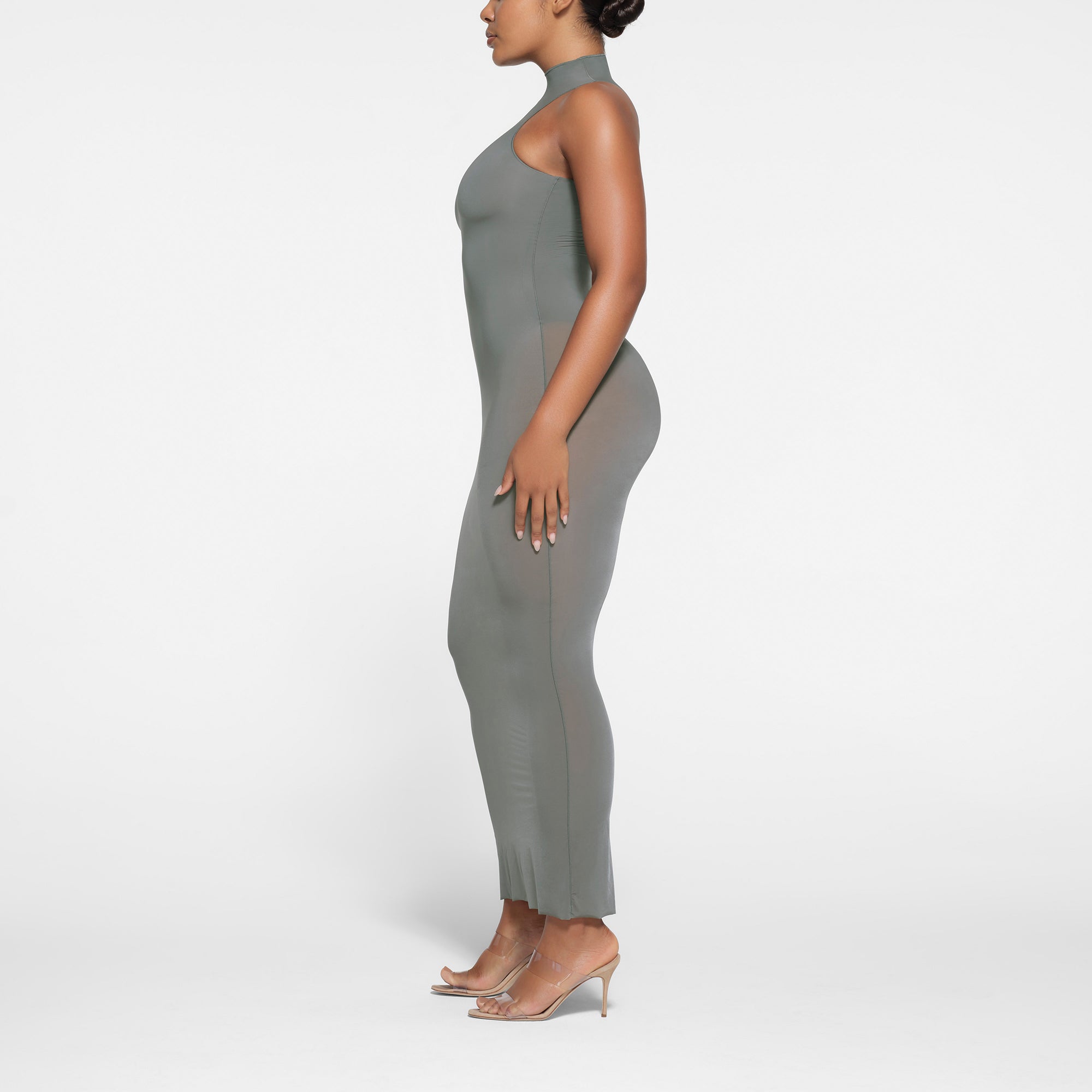 MILKY SHEER MOCK NECK LONG DRESS | GUNMETAL - Image 2