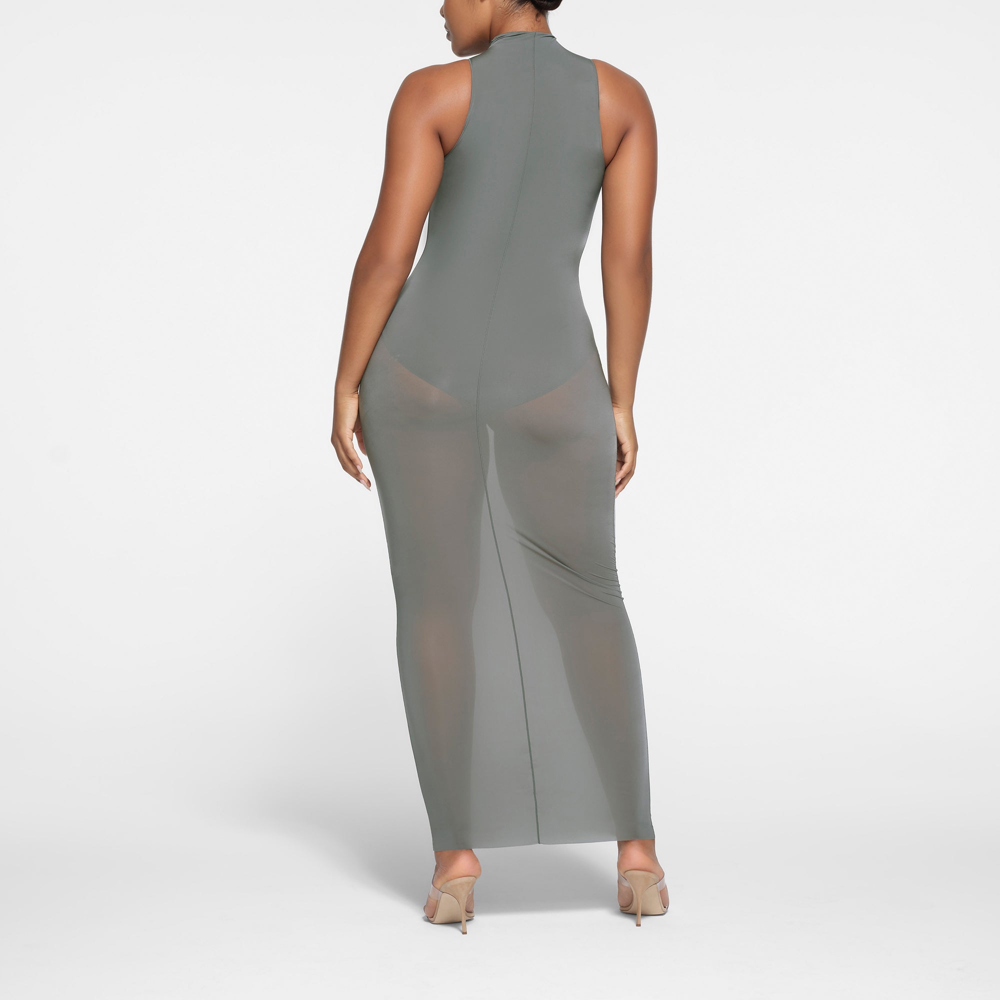 MILKY SHEER MOCK NECK LONG DRESS | GUNMETAL - Image 3