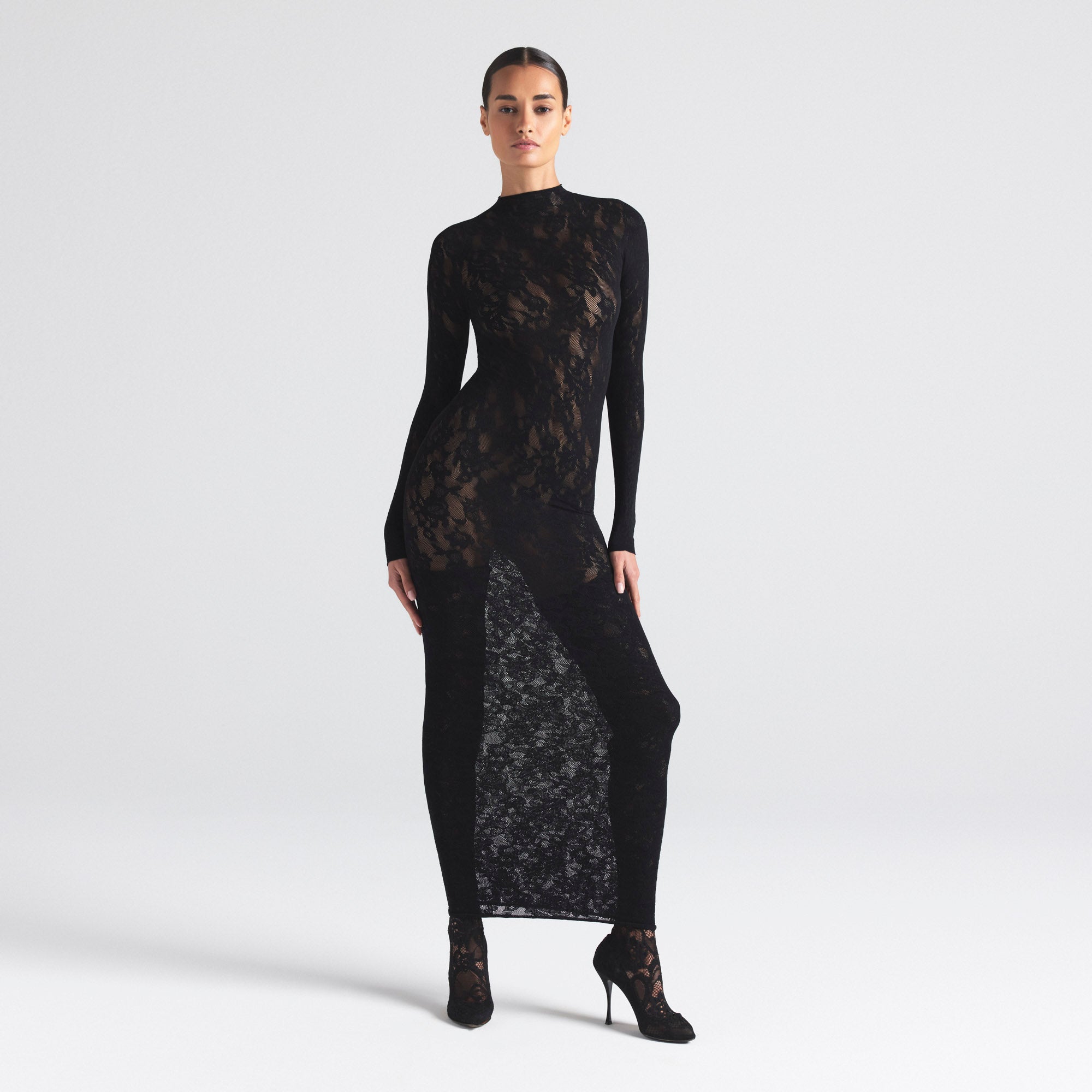 KNIT LACE MOCK NECK DRESS | ONYX
