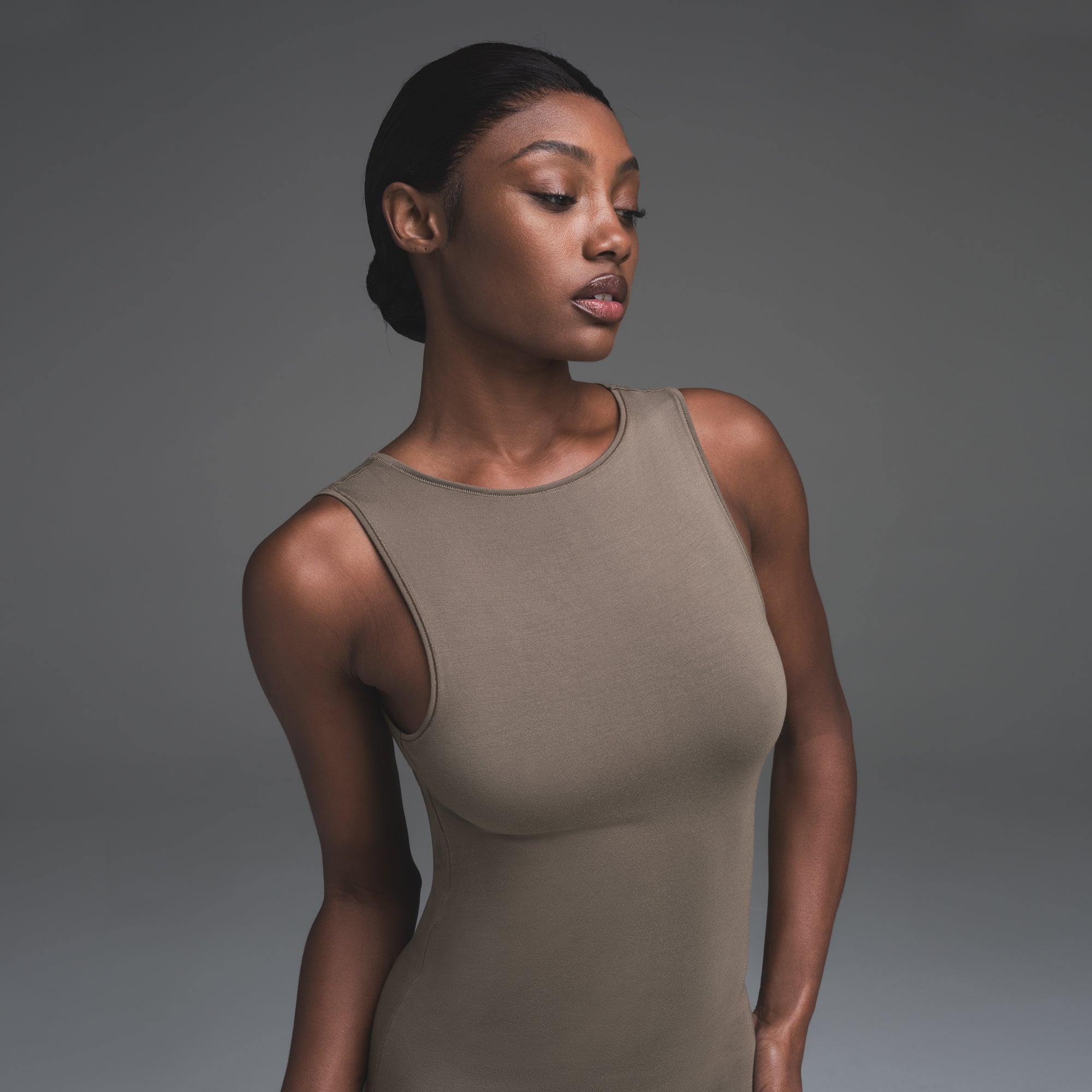 SMOOTH LAYERS LONG BOAT NECK DRESS | TRUFFLE - Image 2