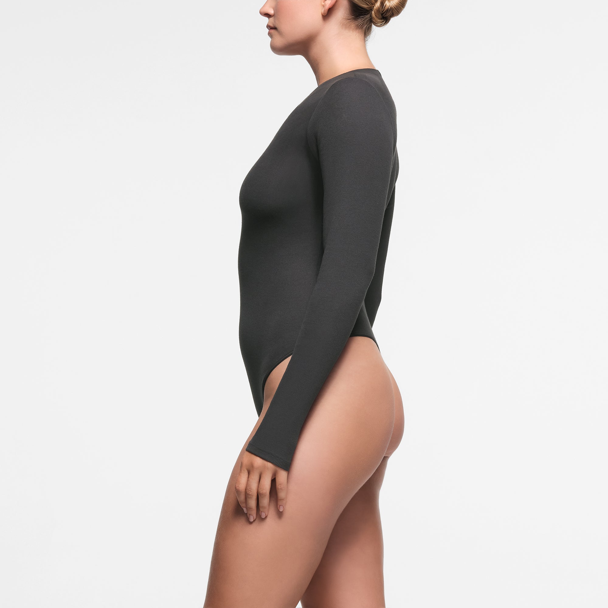 COTTON RIB LONG SLEEVE HENLEY BODYSUIT | SOOT - Image 2