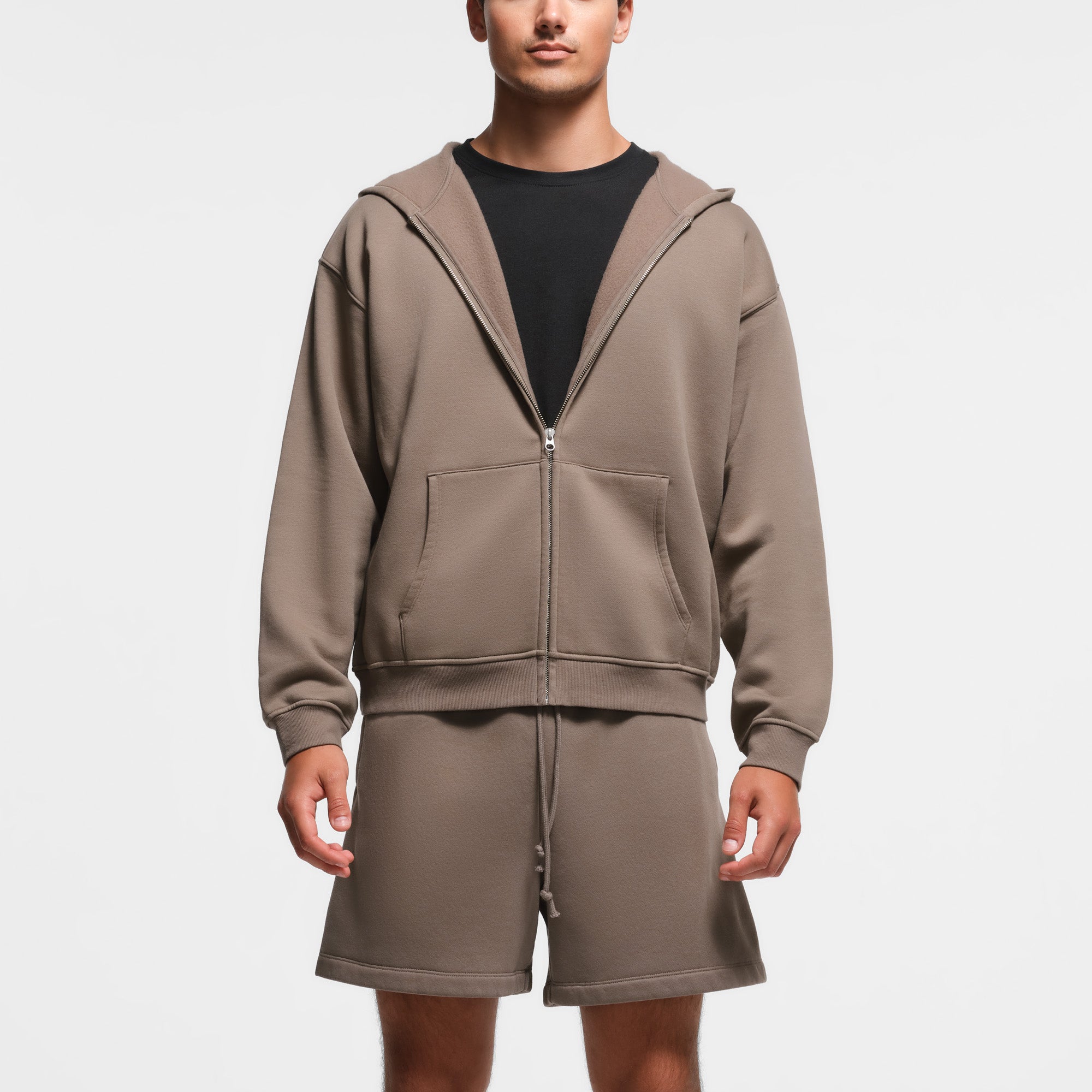 FLEECE LOUNGE MENS RELAXED ZIP UP HOODIE | TRUFFLE