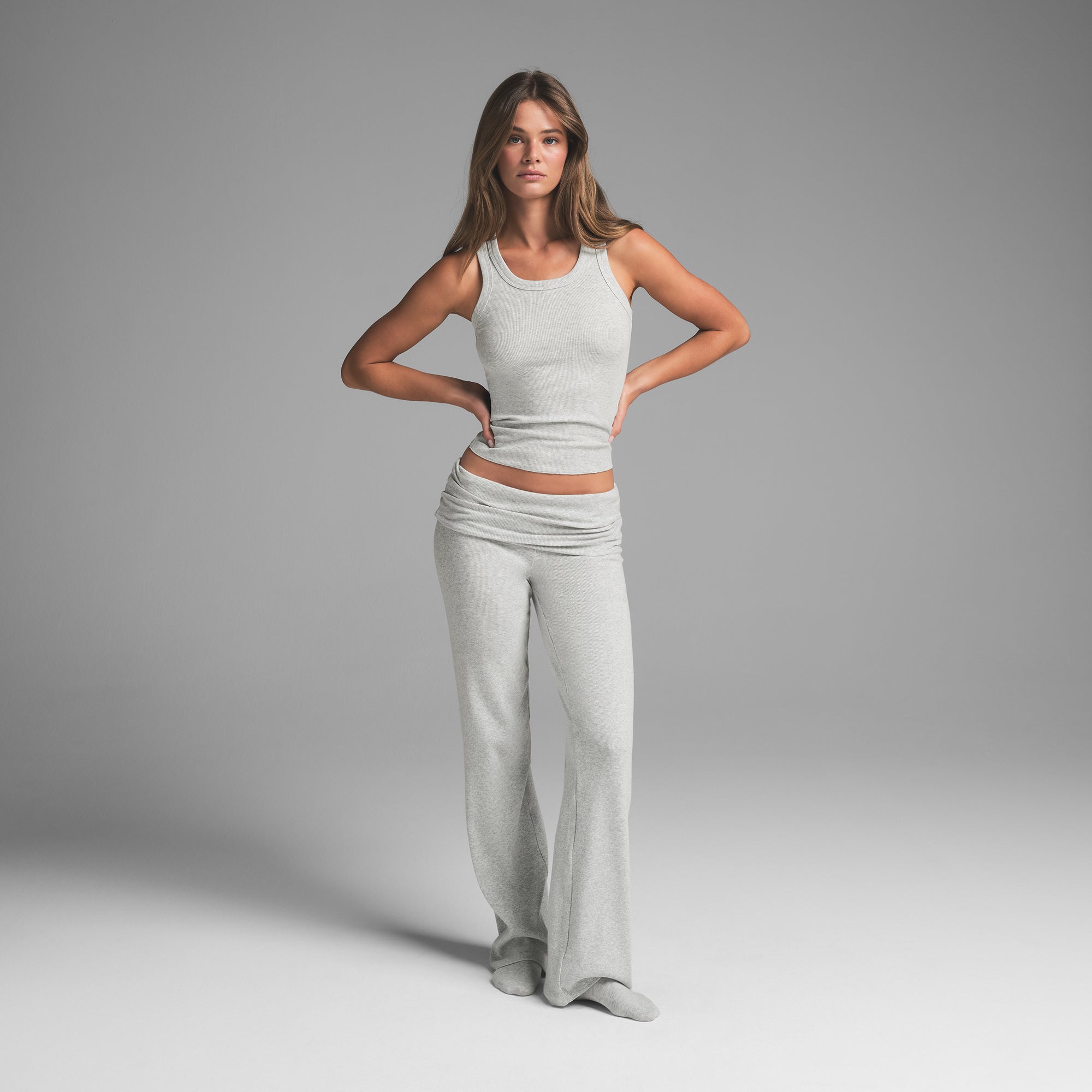 COTTON RIB FOLDOVER STRAIGHT LEG PANT | LIGHT HEATHER GREY