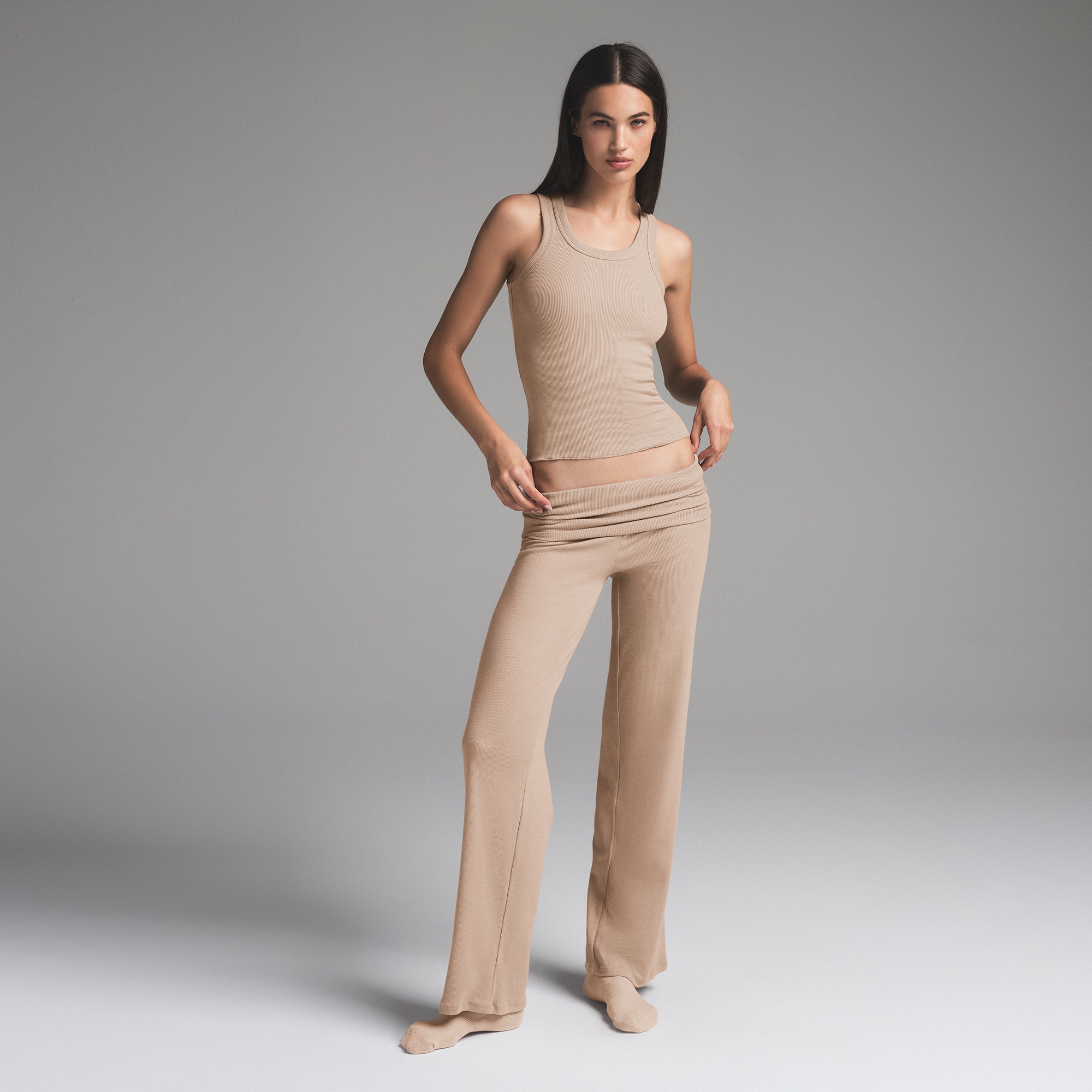 COTTON RIB FOLDOVER STRAIGHT LEG PANT | LATTE