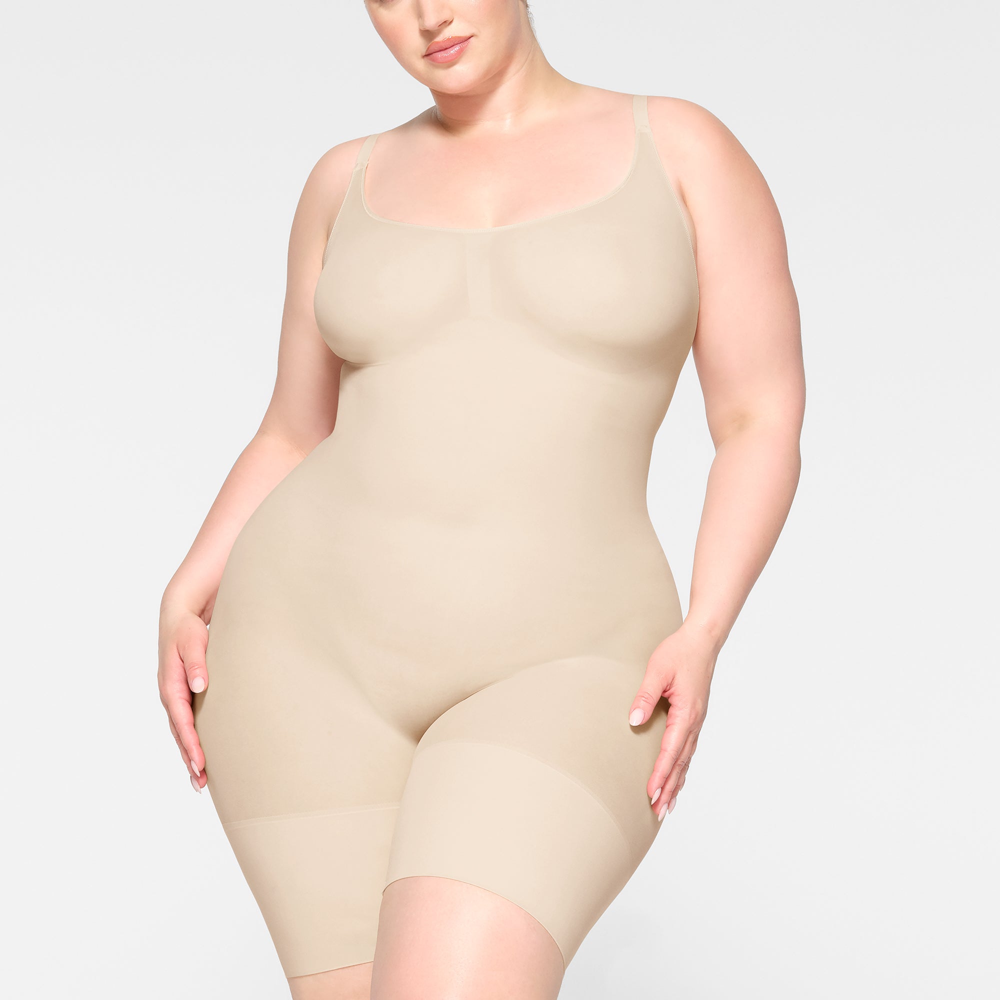 SHEER SEAMLESS MID THIGH BODYSUIT | SAND