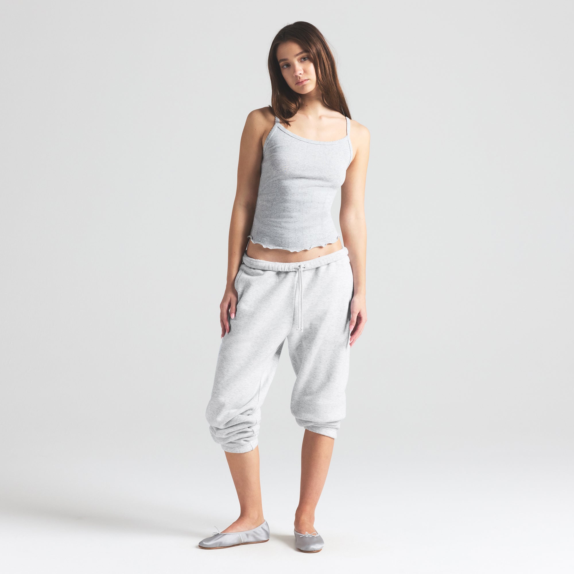 DROP NEEDLE POINTELLE LONG CAMI | LIGHT HEATHER GREY