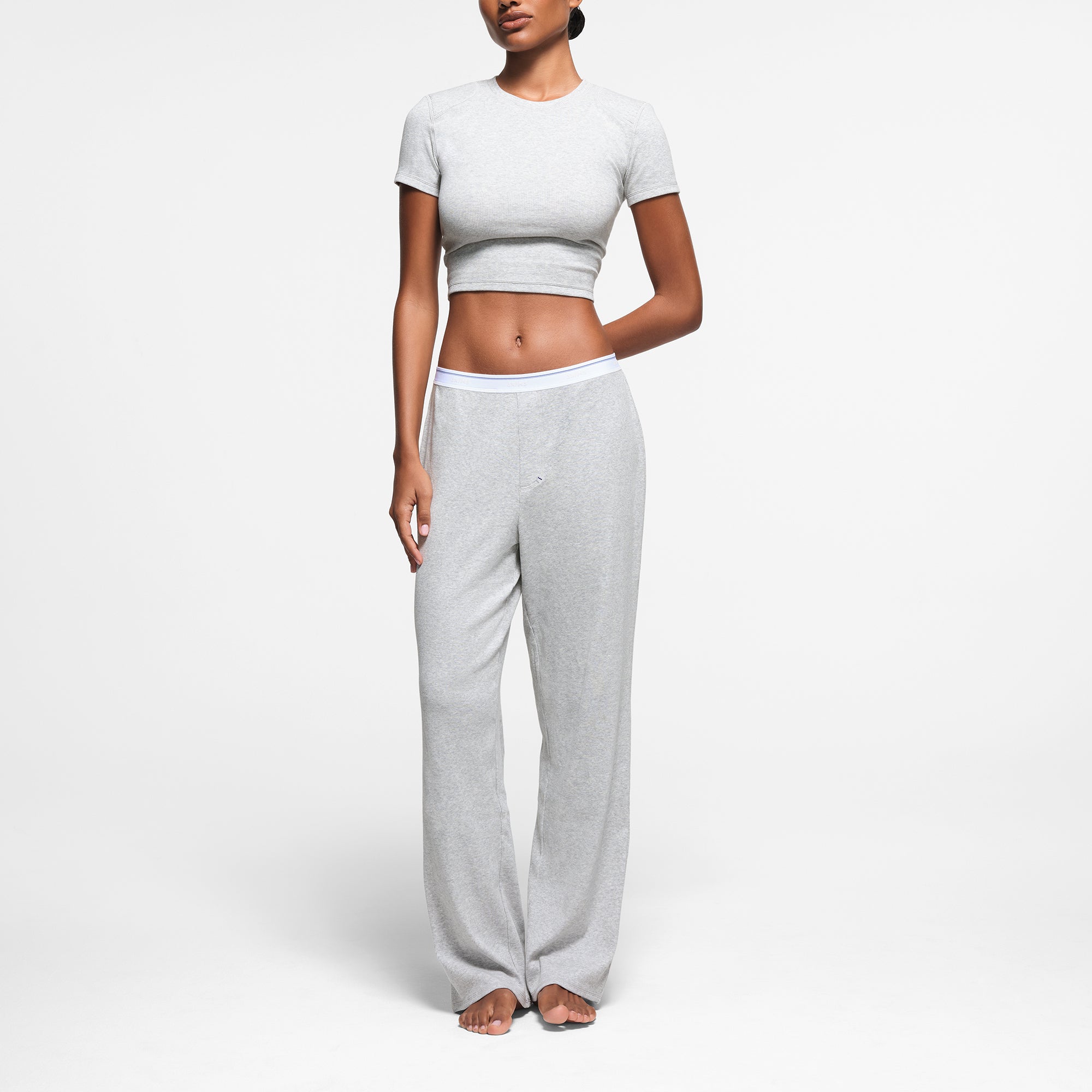 COTTON RIB SHOULDER PAD CROPPED TOP | LIGHT HEATHER GREY