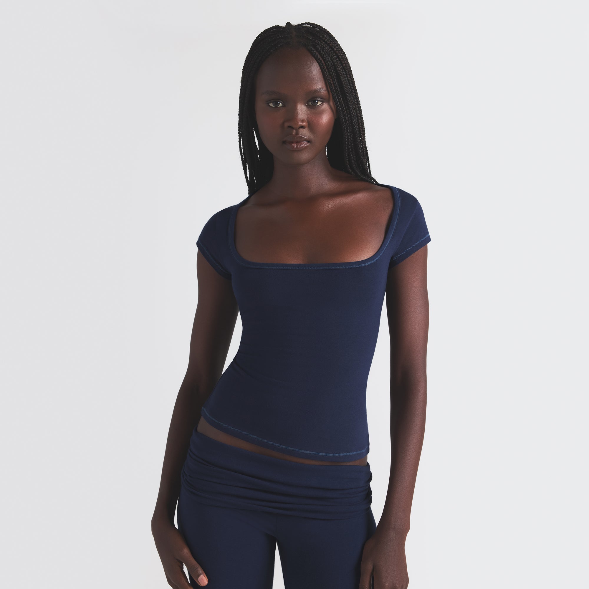 COTTON JERSEY SCOOP NECK T-SHIRT | NAVY