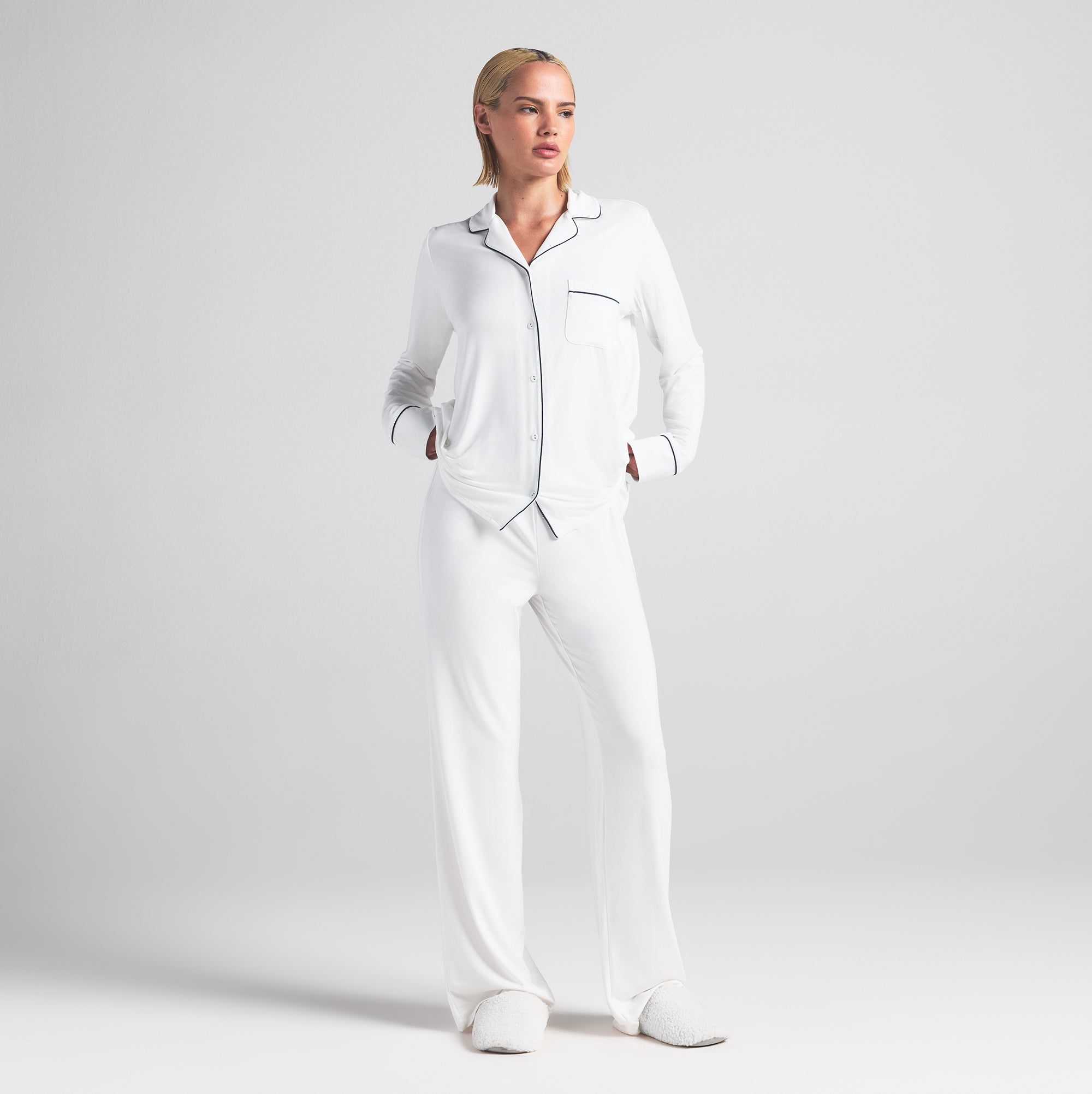 SKIMS SLEEP LONG SLEEVE BUTTON UP SET | MARBLE CONTRAST