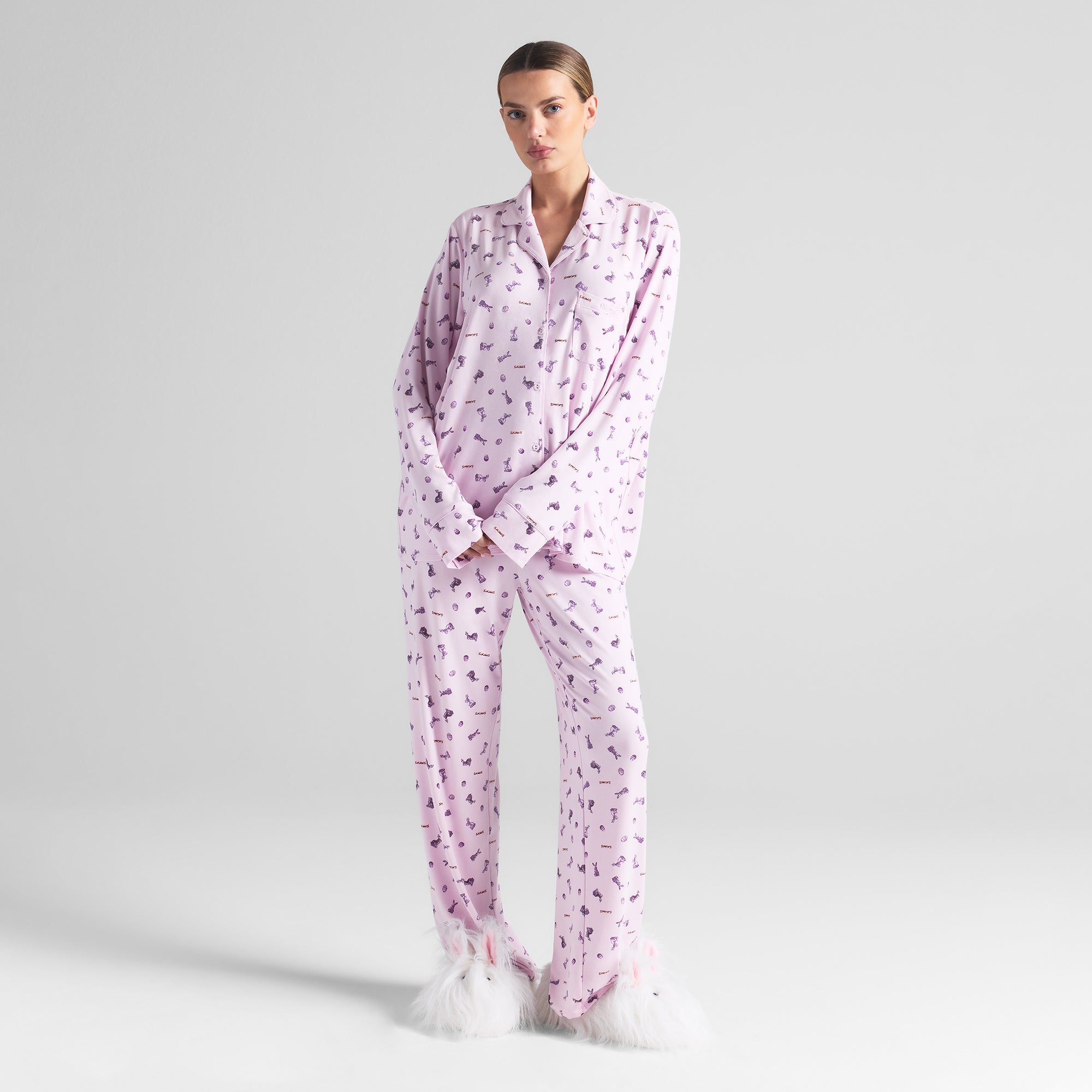 SKIMS SLEEP LONG SLEEVE BUTTON UP SET | WILDROSE BUNNY PRINT