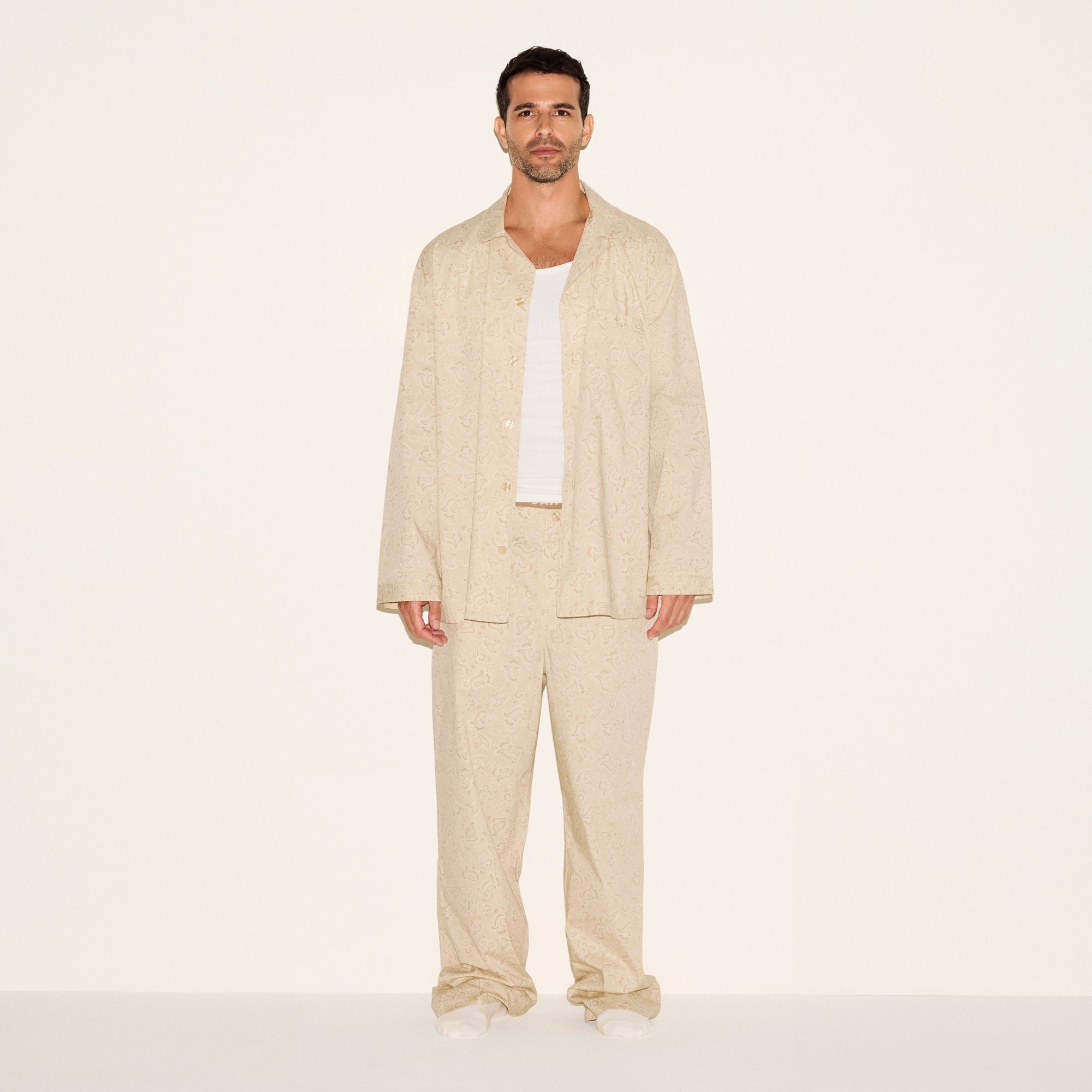 COTTON POPLIN MENS LONG SLEEP SET | TAN PAISLEY PRINT