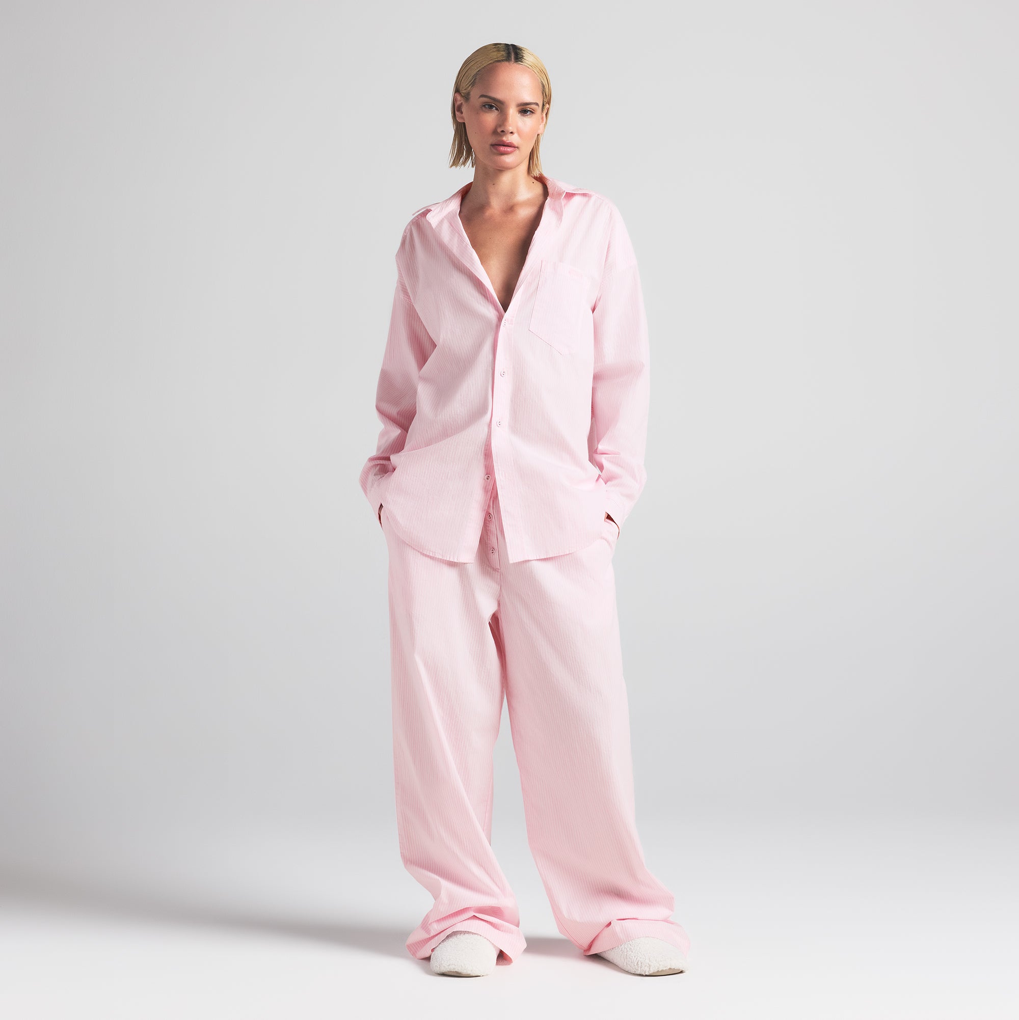 COTTON POPLIN OVERSIZED SLEEP SET | CHERRY BLOSSOM STRIPE