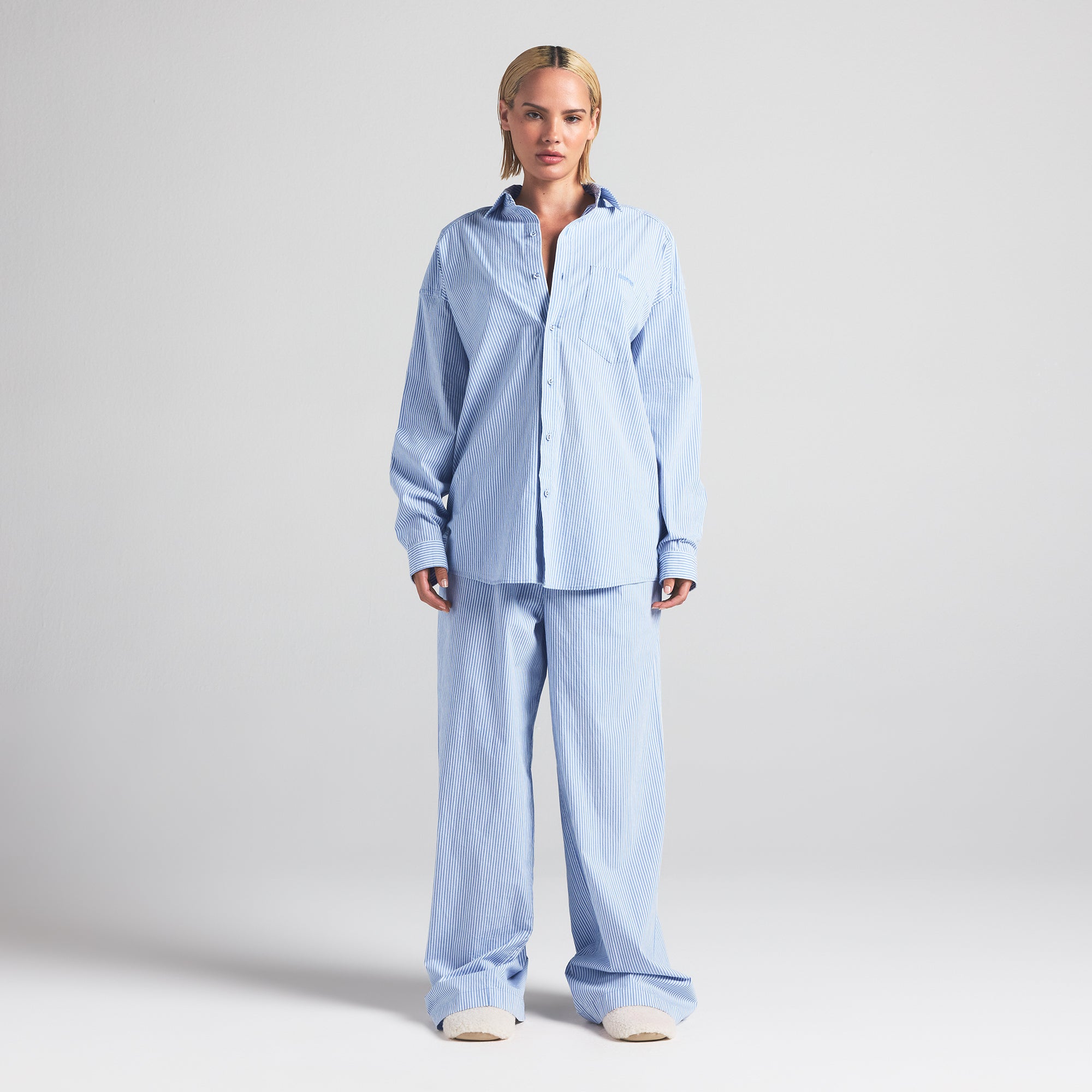 COTTON POPLIN OVERSIZED SLEEP SET | CADET STRIPE - Image 4