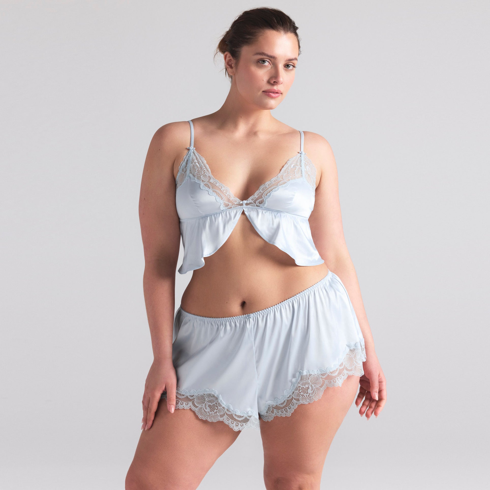 WOVEN SHINE LACE BABYDOLL AND SHORT SET | CLOUD - Image 2