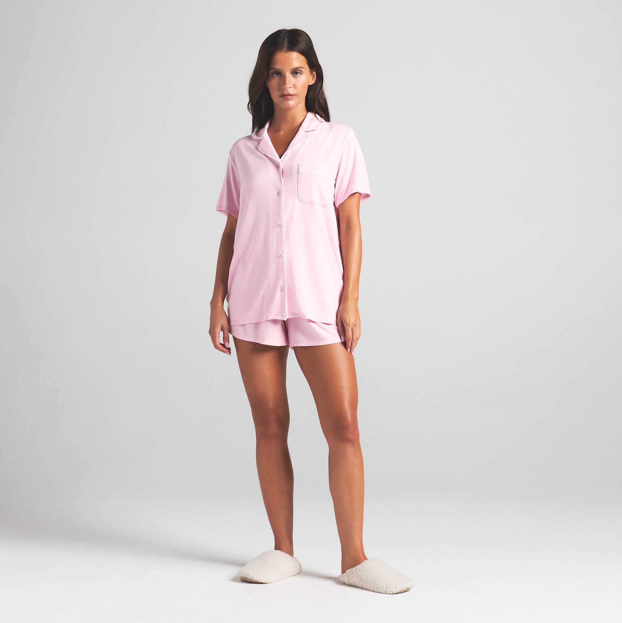 SKIMS SLEEP SHORT SLEEVE BUTTON UP SET | CHERRY BLOSSOM CONTRAST