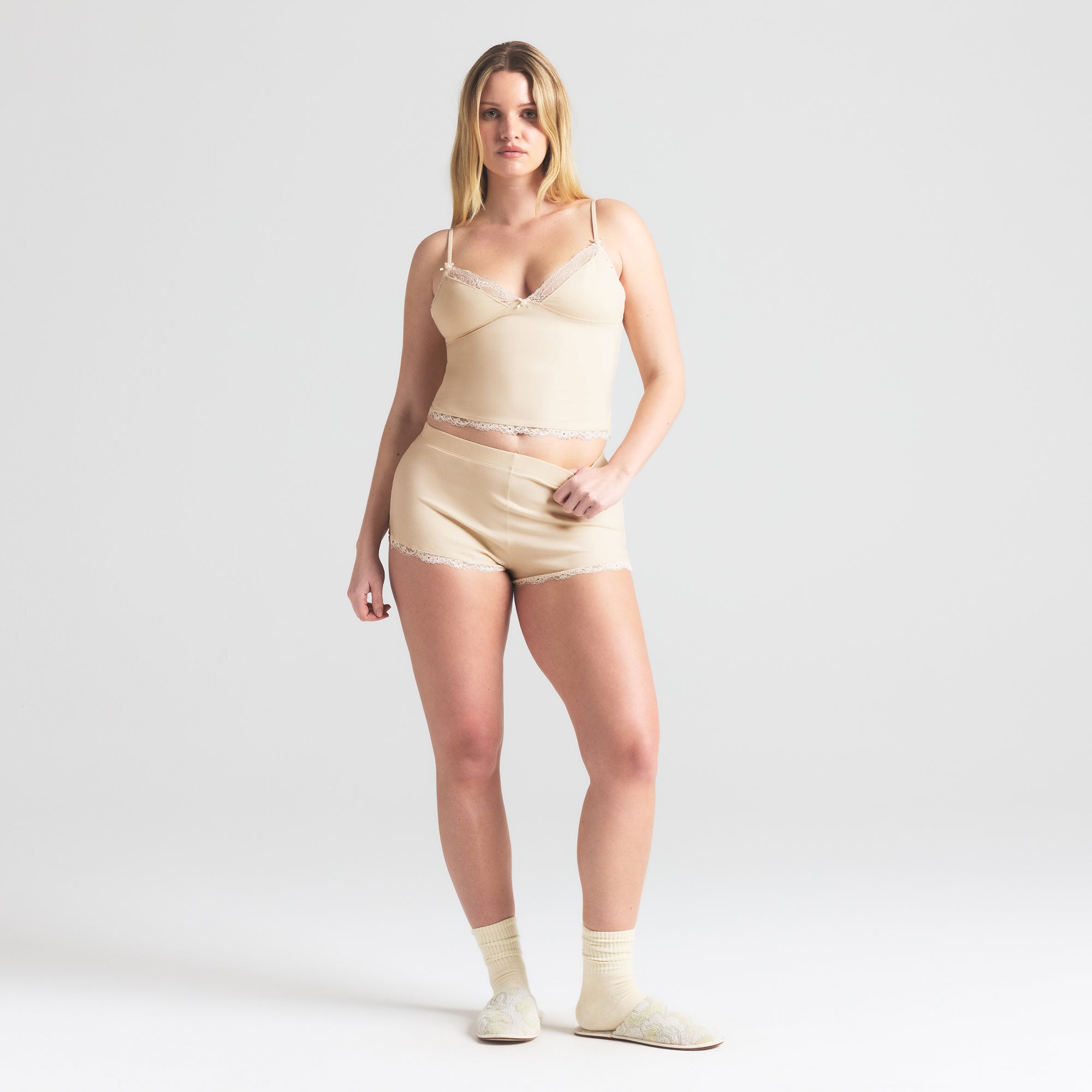 COTTON JERSEY LACE CAMI AND SHORT SET | BUTTER