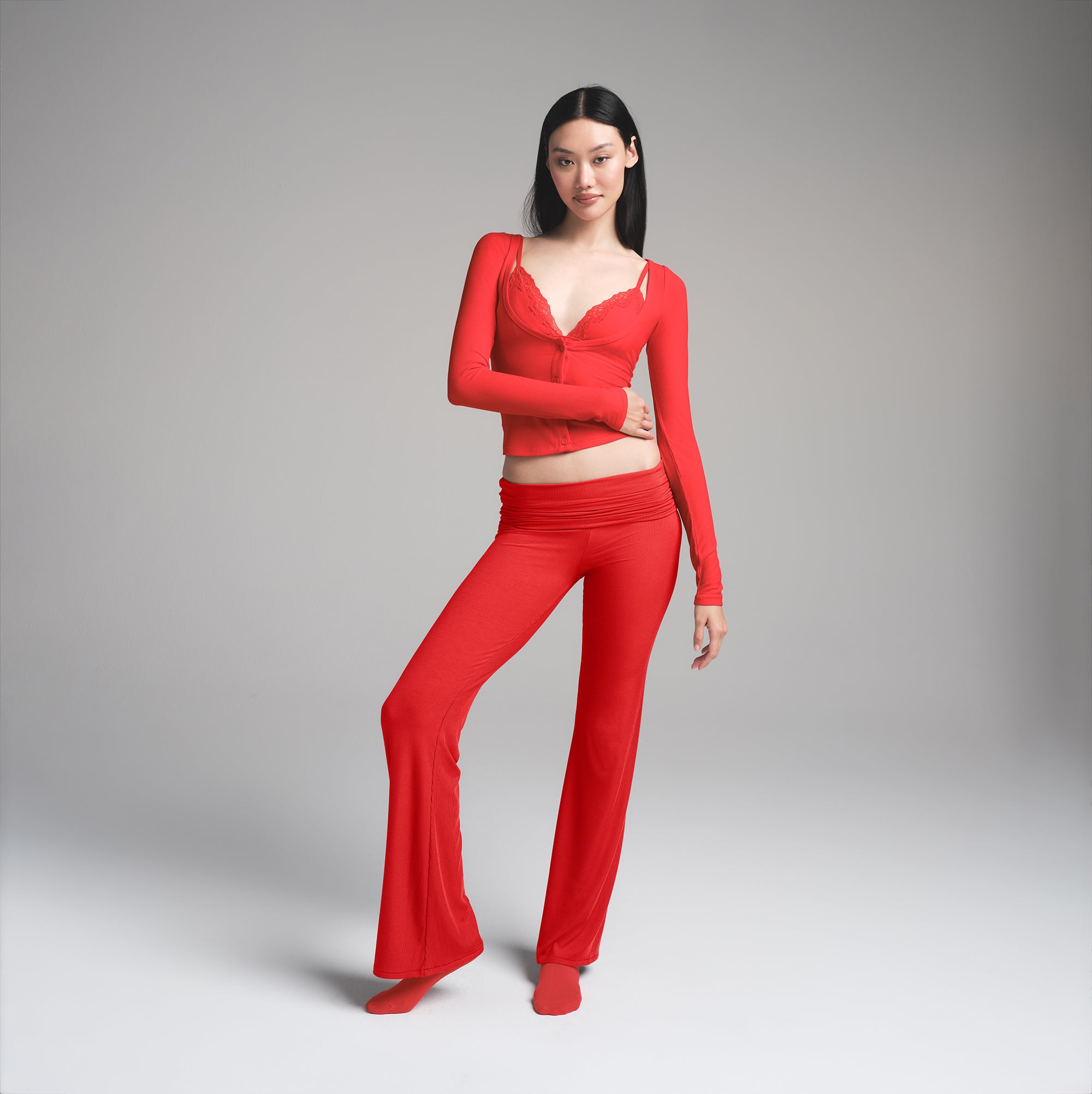 SOFT LOUNGE LACE LONG SLEEVE TOP WITH BRALETTE | CHERRY - Image 2