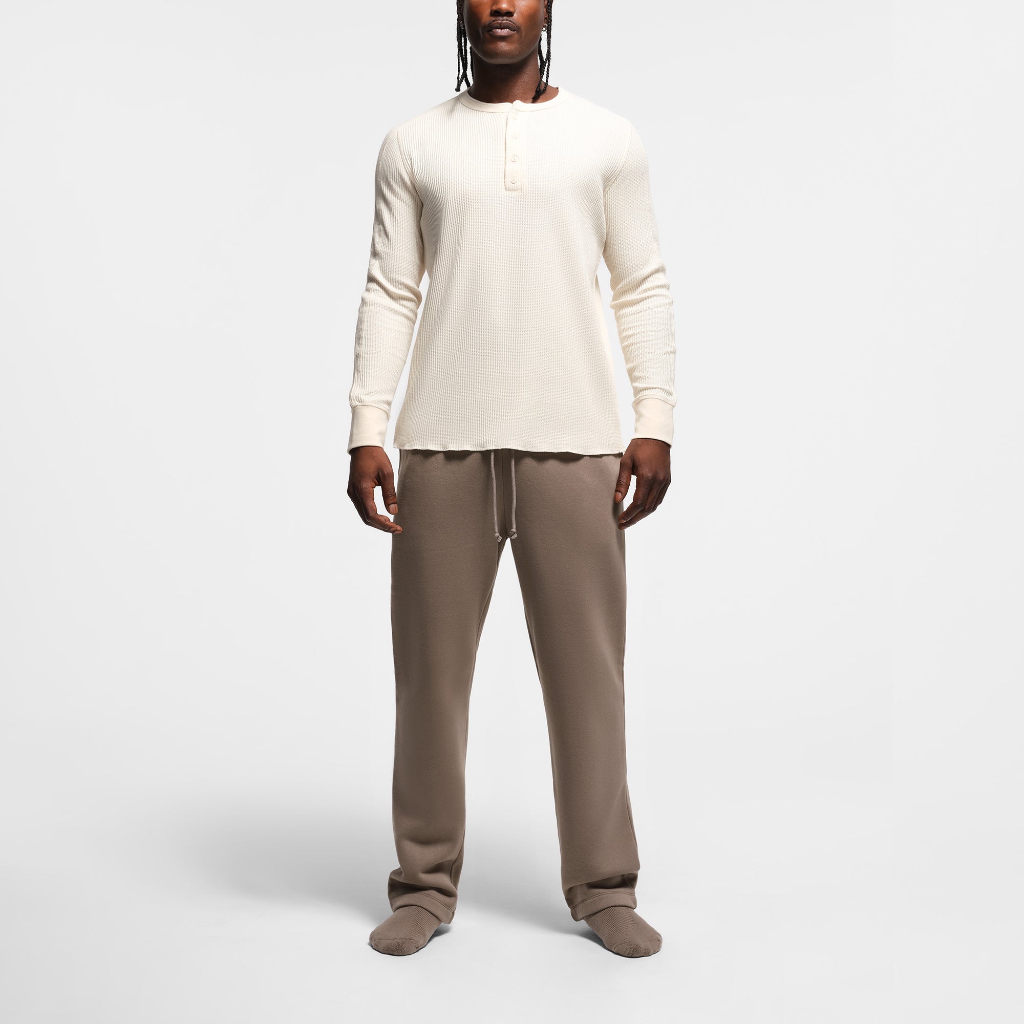 WAFFLE MENS SLIM LONG SLEEVE HENLEY | ECRU