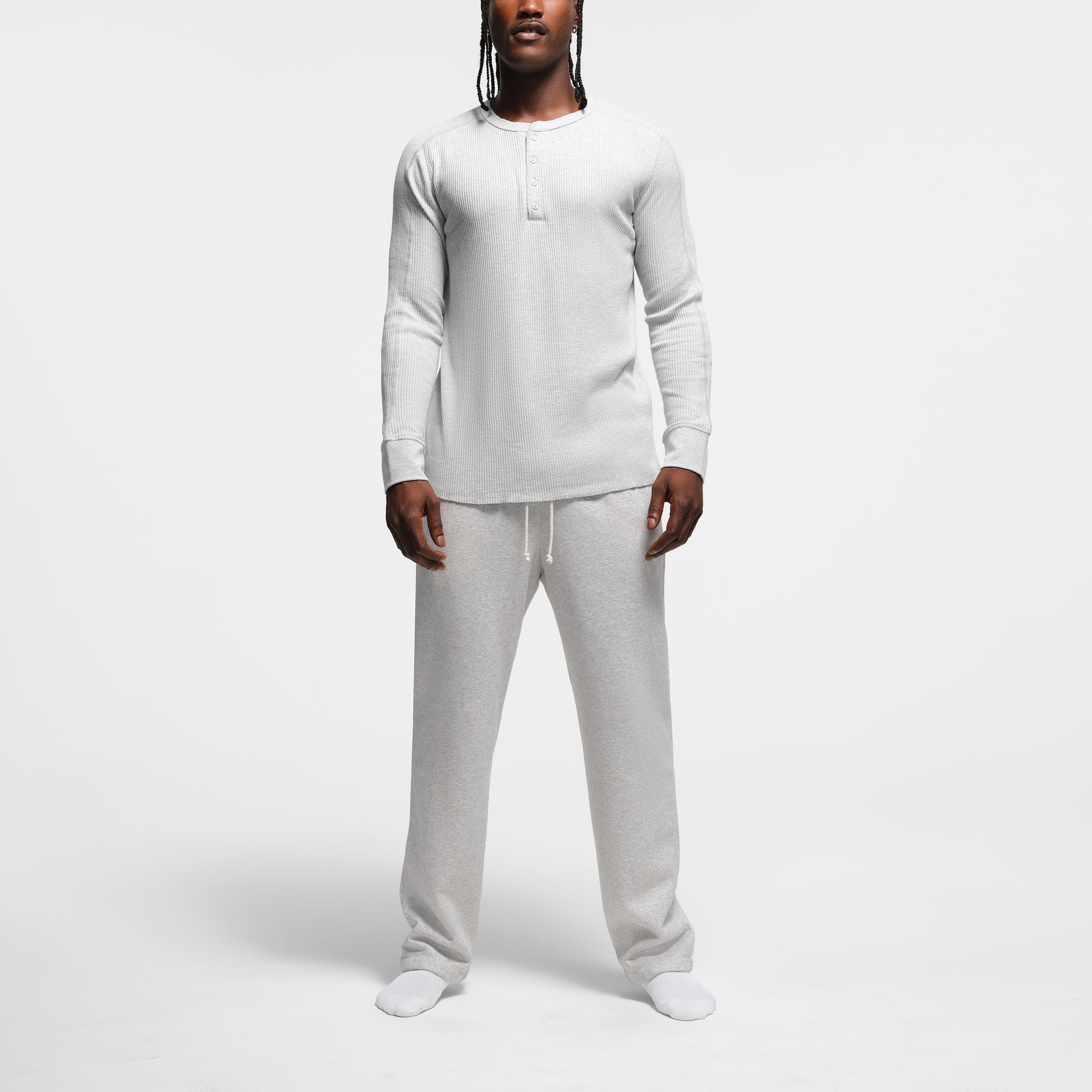 WAFFLE MENS SLIM LONG SLEEVE HENLEY | LIGHT HEATHER GREY