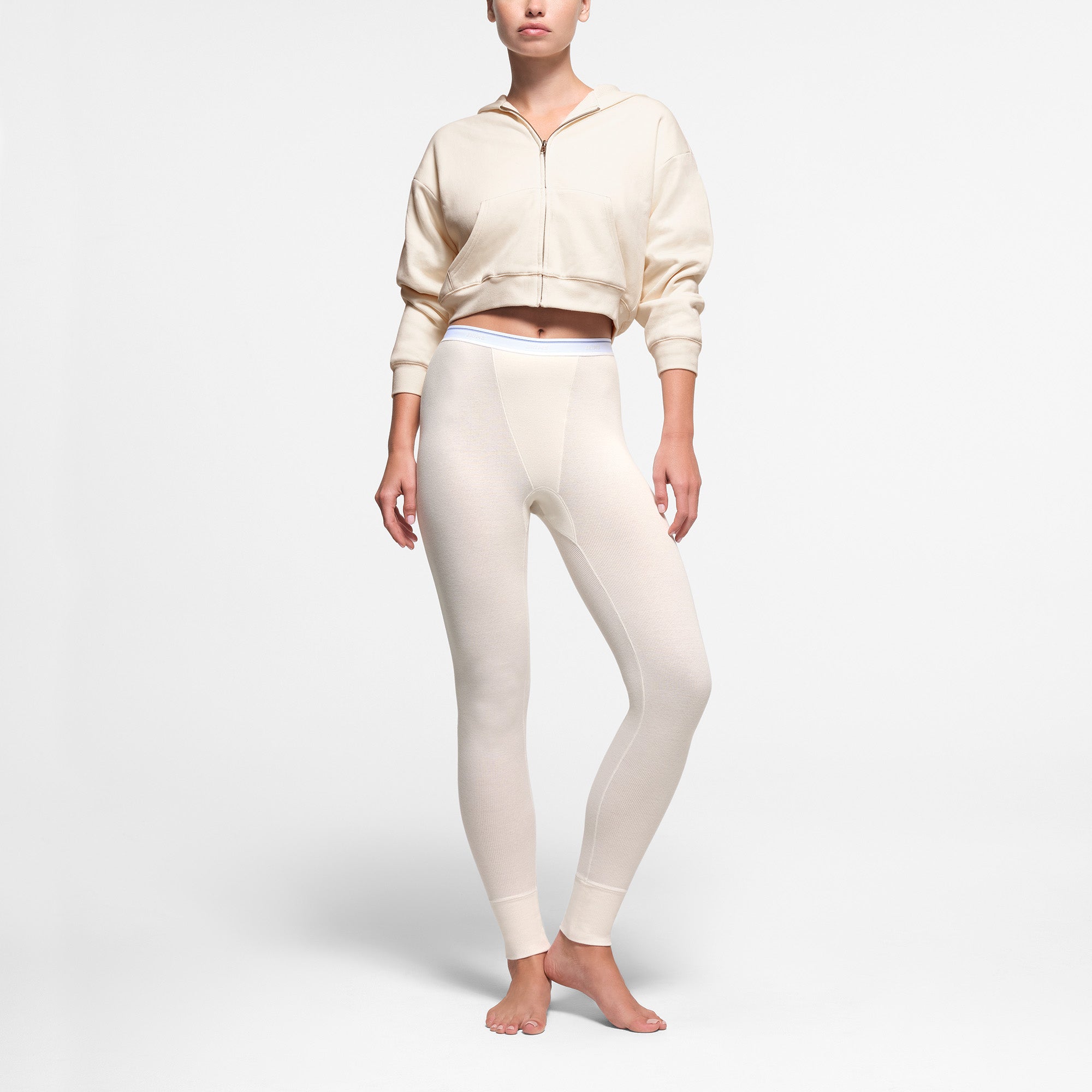 COTTON FLEECE WAFFLE LINED SHRUNKEN ZIP UP HOODIE | ECRU