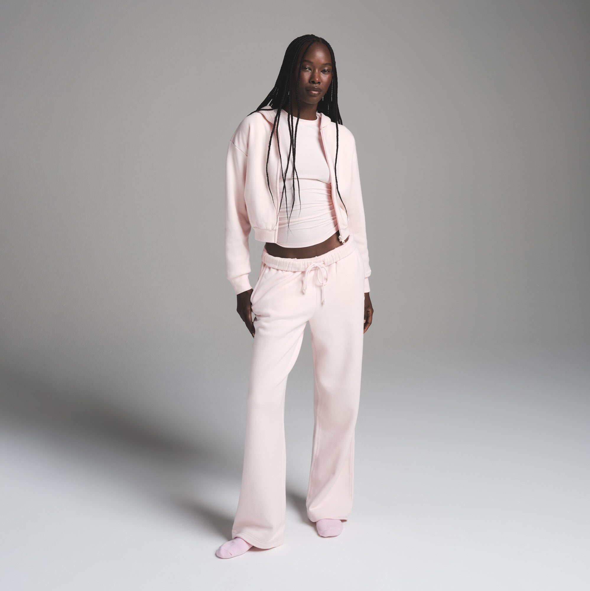 COTTON FLEECE SHRUNKEN ZIP UP HOODIE | BARELY PINK - Image 2